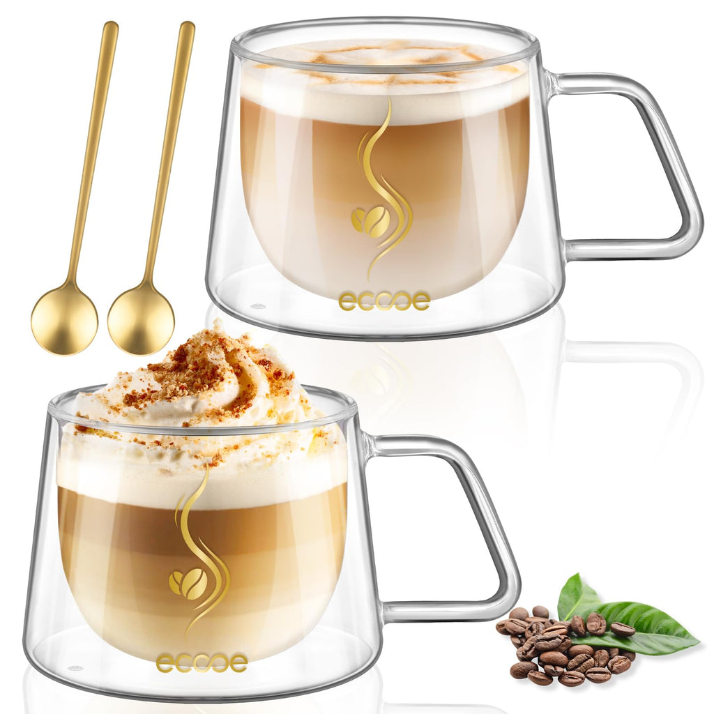 ecooe Double-Walled Coffee Glasses 350 ml Latte Macchiato Glasses Set of 2 Borosilicate Glass Coffee Cups Glass Double-Walled Coffee Glass Tea Glasses with Handle Spoon for Cappuccino, Tea, Ice Cream, Milk, Beer