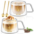 ecooe Double-Walled Coffee Glasses 350 ml Latte Macchiato Glasses Set of 2 Borosilicate Glass Coffee Cups Glass Double-Walled Coffee Glass Tea Glasses with Handle Spoon for Cappuccino, Tea, Ice Cream, Milk, Beer