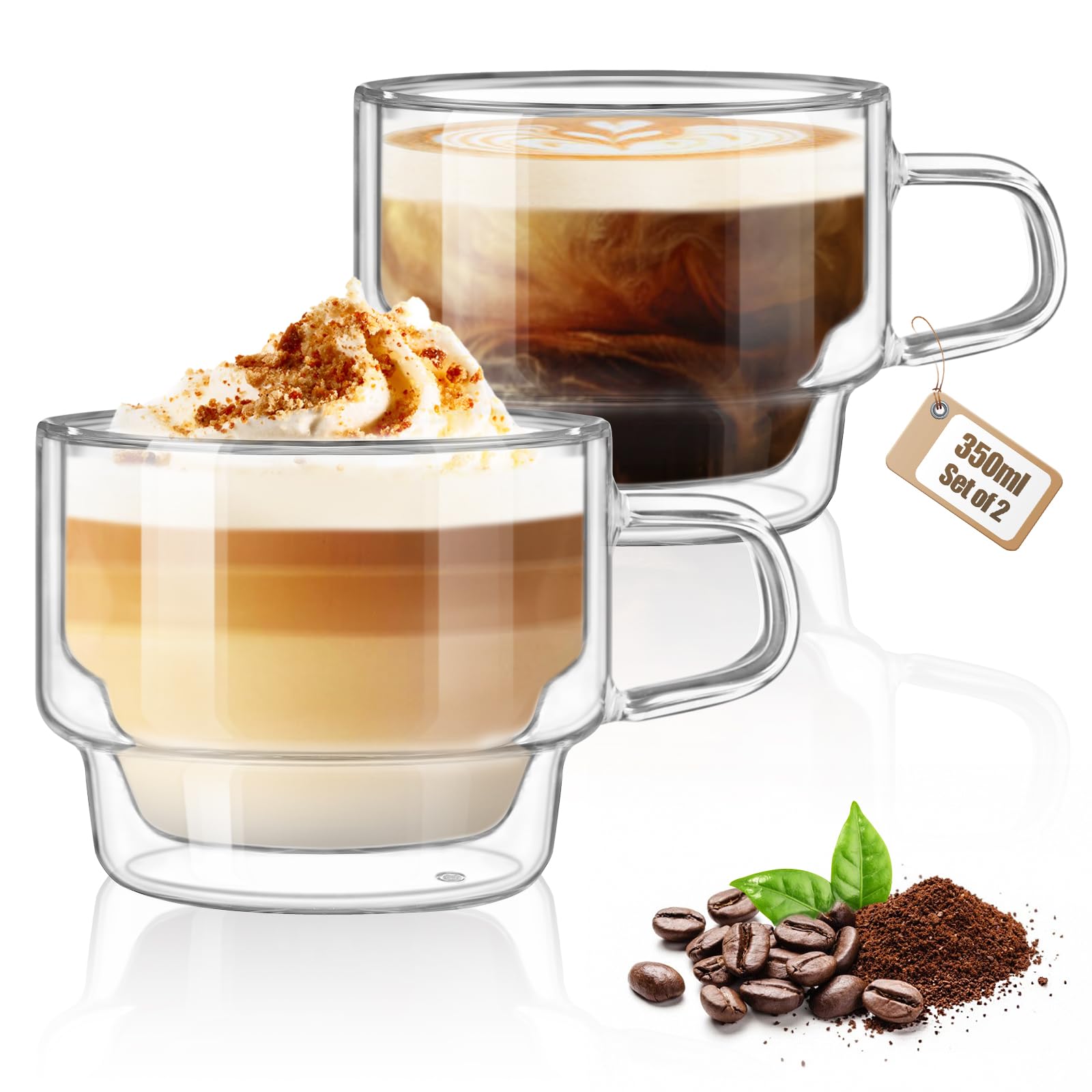 glastal 350ml Latte Macchiato Gläser Doppelwandige Kaffeegläser 2er Set Stapelbare Kaffeetassen Glas, Doppelwandig Kaffeeglas Teegläser mit Henkel für Cappuccino,Tee, Milch,Geschenk für Frauen Männer