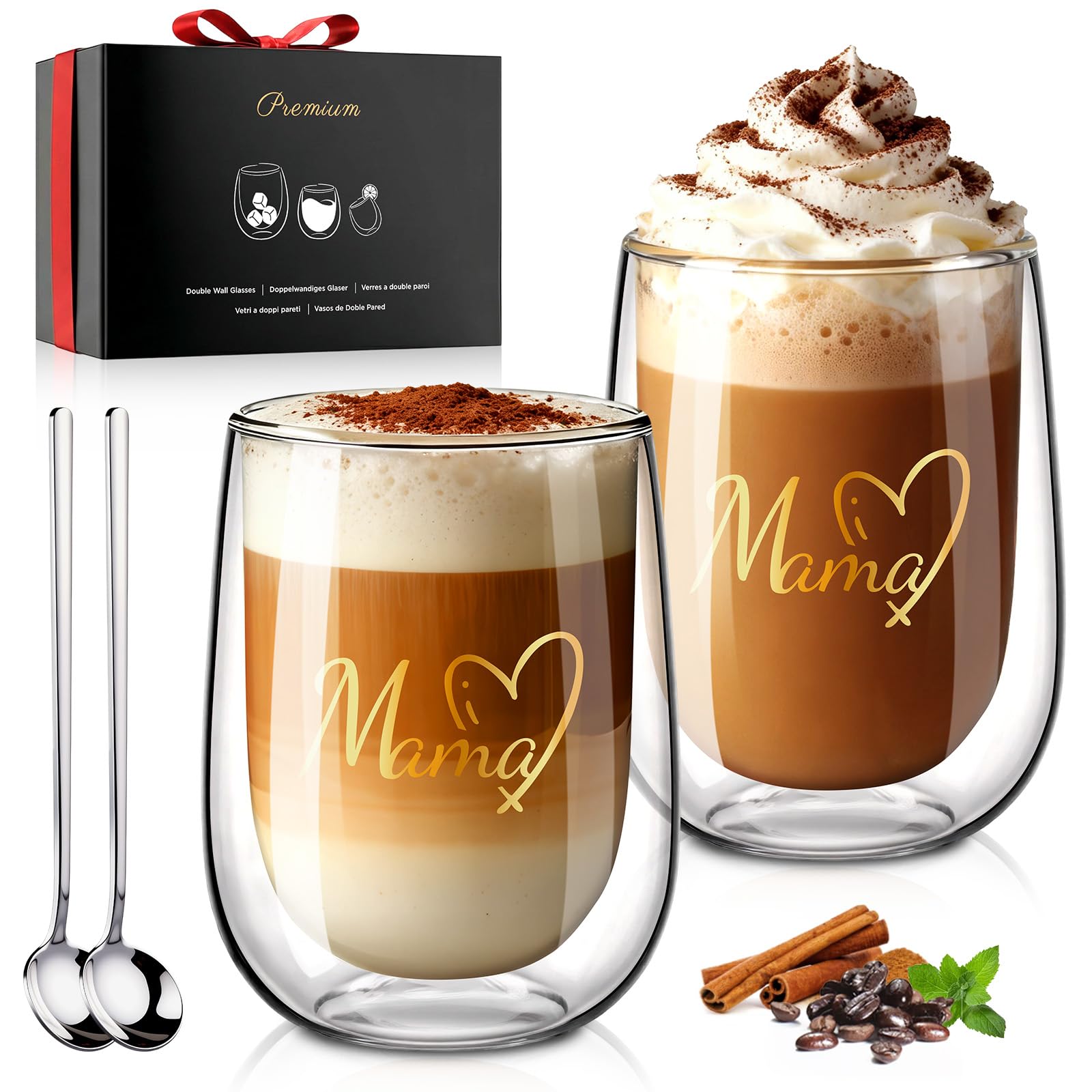 glastal Premium Double-Walled Latte Macchiato Glasses Set of 2 | Mum | - Without Sealed Hole - 350 ml Double-Walled Coffee Glasses Drinking Glasses Gifts for Mum for Birthday Mother's Day Anniversary