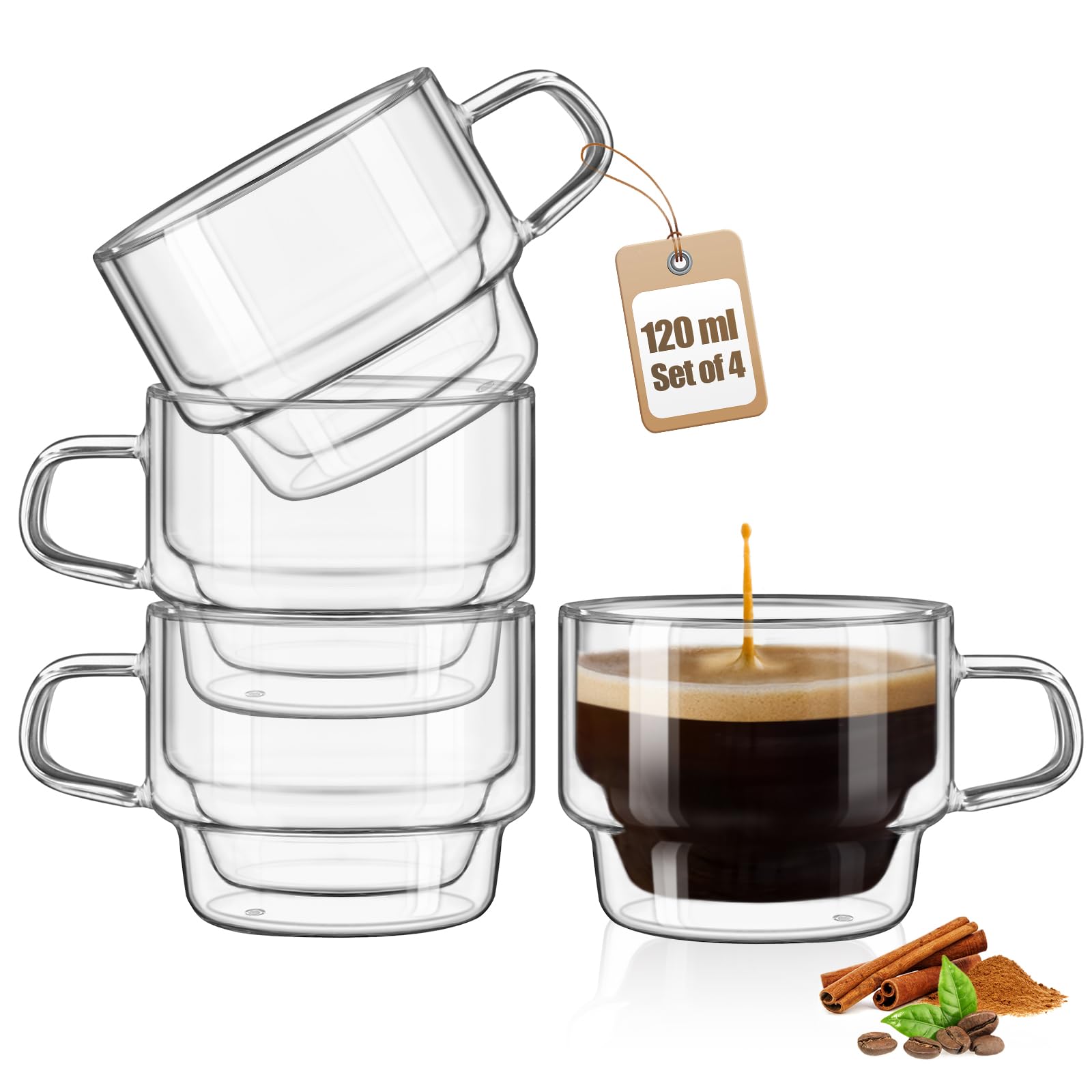 glastal Stackable Glasses, 120 ml Espresso Glasses, Double-Walled Espresso Cups, Set of 4, Glasses for Coffee, Tea, Espresso, Milk, Gift for Women and Men