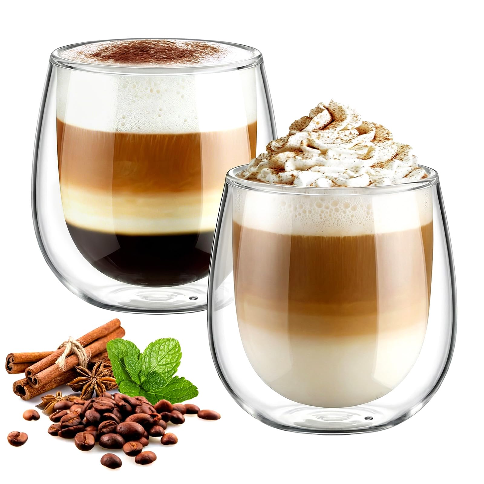 glastal 250 ml Double-Walled Latte Macchiato Glasses, Set of 2, Borosilicate Glass, Coffee Cups, Glasses for Coffee, Cappuccino, Latte, Tea, Ice Cream, Iced Tea, Iced Americano, Milk, Juice, Beer