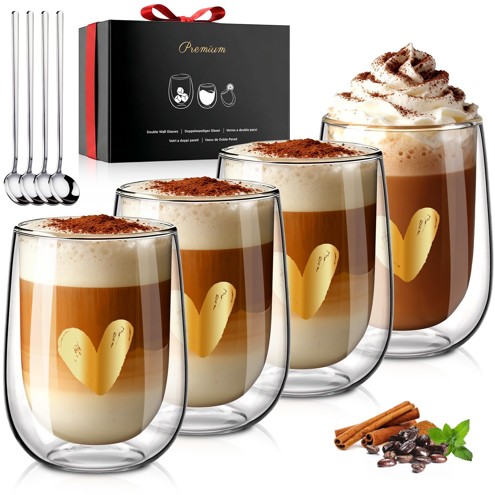 glastal Premium Double-Walled Latte Macchiato Glasses, Set of 4, Heart, Without Sealed Hole, 350 ml, Double-Walled Coffee Glasses, Drinking Glasses, Gifts for Women, Girlfriend, Birthday, Valentine's