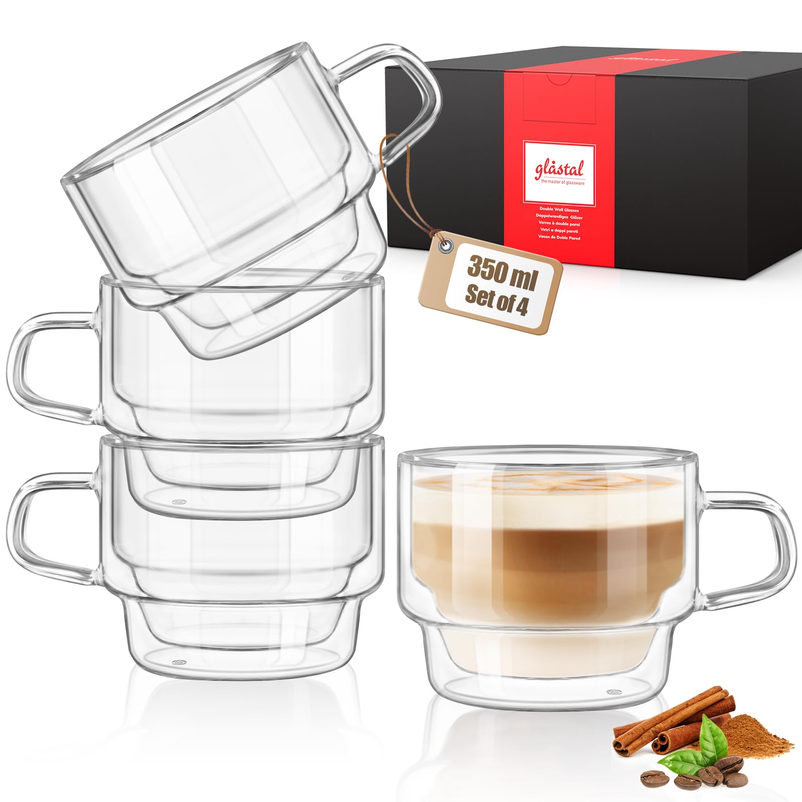 glastal 350 ml Latte Macchiato Glasses, Double-Walled Coffee Glasses, Set of 2, Stackable Coffee Cups, Glass, Double-Walled Coffee Glass, Tea Glasses with Handle for Cappuccino, Tea, Milk, Gift for Women and Men