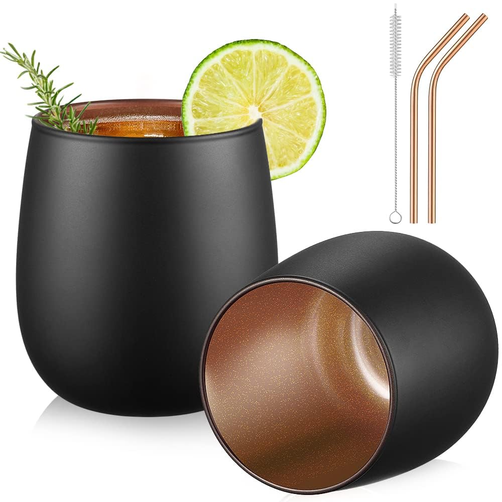 glastal 450ml Gin Gläser Schwarz Matt Trinkgläser 2er Set Wassergläser mit Roségold Blinkende Innenwand, Borosilikat Einschichtiges Weingläser Cocktail Gläser Whiskygläser Weihnachten Geschenk