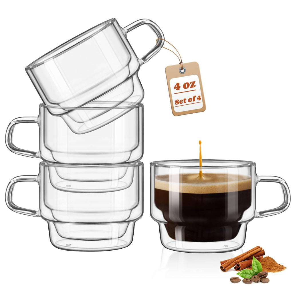 glastal Stapelbare Gläser 120ml Espresso Gläser Doppelwandige Espressotassen Glas 4er Set, Doppelwandig Kaffeegläser Teegläser Espresso Tassen Set für Tee, Milch, Geschenk für Frauen Mann