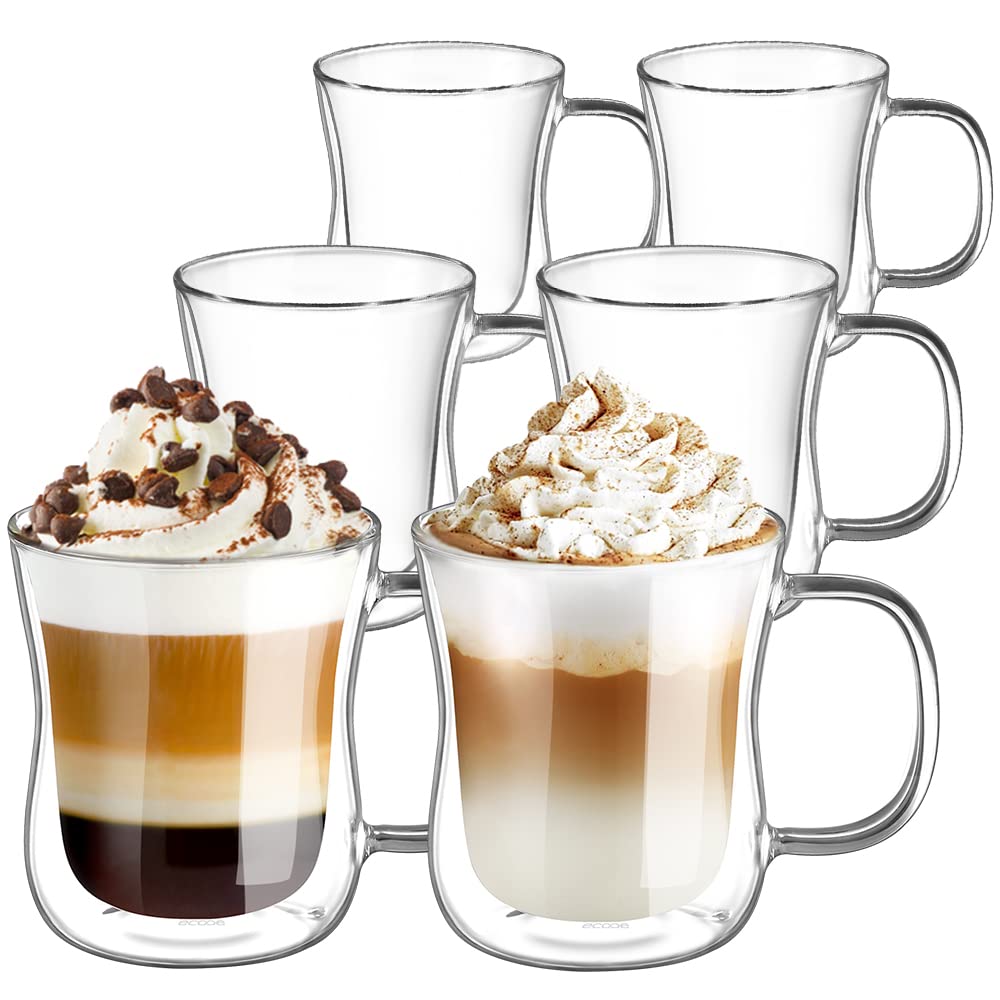 ecooe Double-Walled Latte Macchiato Glasses Set, Borosilicate Glass Coffee Cups, Set of 6, 350 ml, Tea Glasses with Handle for Cappuccino, Latte Macchiato, Tea, Ice Cream, Milk, Beer
