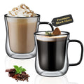 ecooe Unique Black Glasses 350 ml Double-Walled Coffee Glasses Latte Macchiato Glasses Set of 2 Double-Walled Coffee Glass Tea Glasses with Handle for Cappuccino, Gift for Men Women