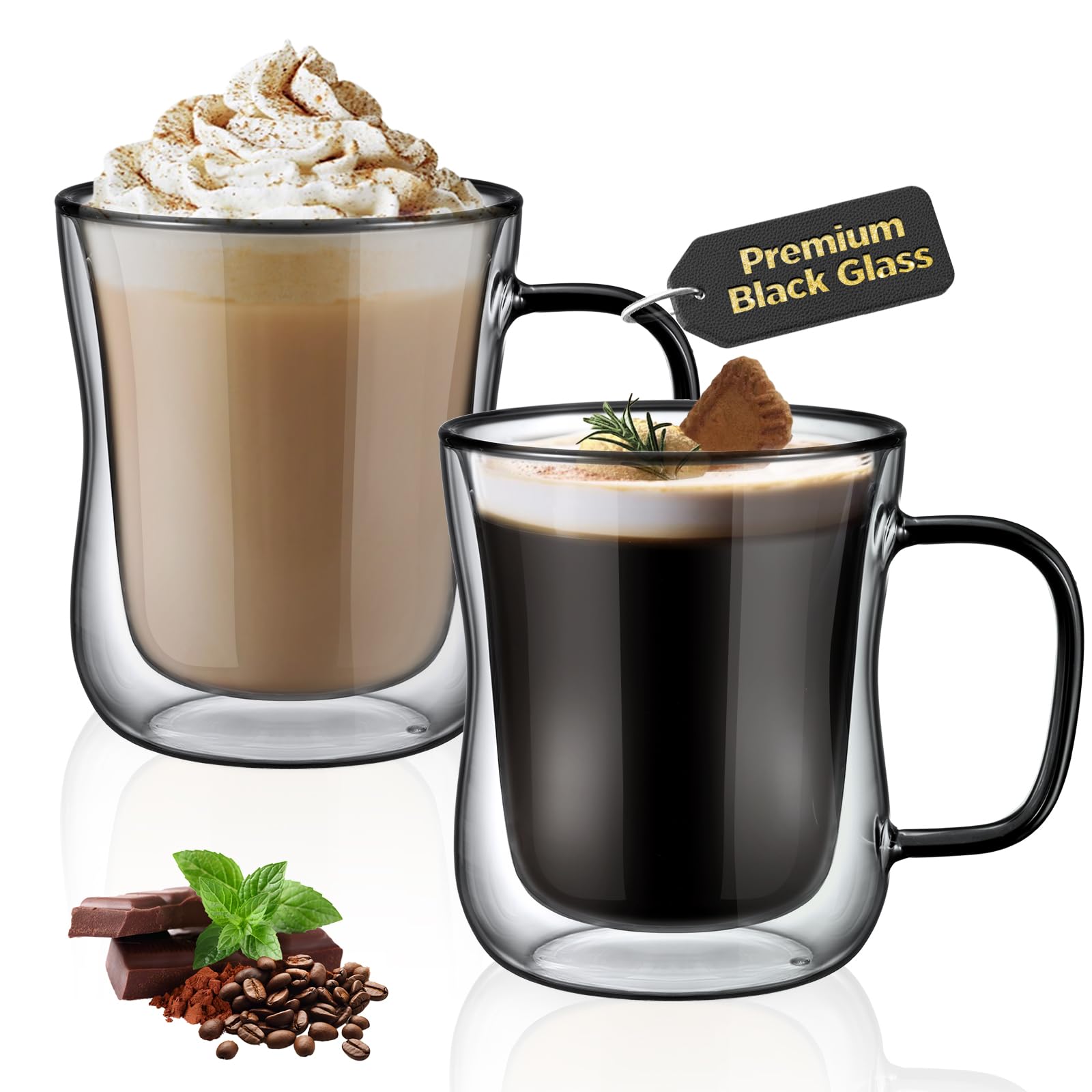 ecooe Unique Black Glasses 350 ml Double-Walled Coffee Glasses Latte Macchiato Glasses Set of 2 Double-Walled Coffee Glass Tea Glasses with Handle for Cappuccino, Gift for Men Women
