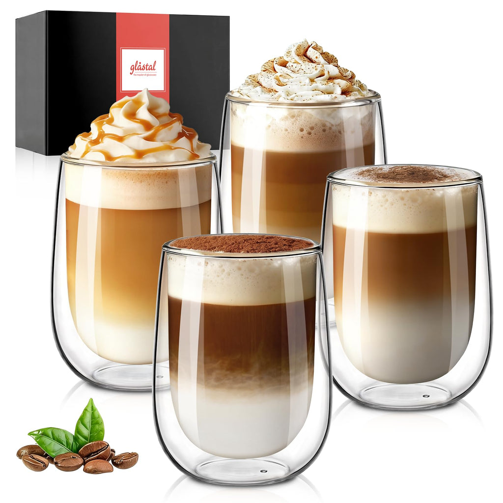 glastal 350 ml Double-Walled Latte Macchiato Glasses, Set of 4, Borosilicate Glass, Coffee Cups, Glasses for Coffee, Cappuccino, Latte, Tea, Ice Cream, Iced Tea, Iced Americano, Milk, Juice, Beer