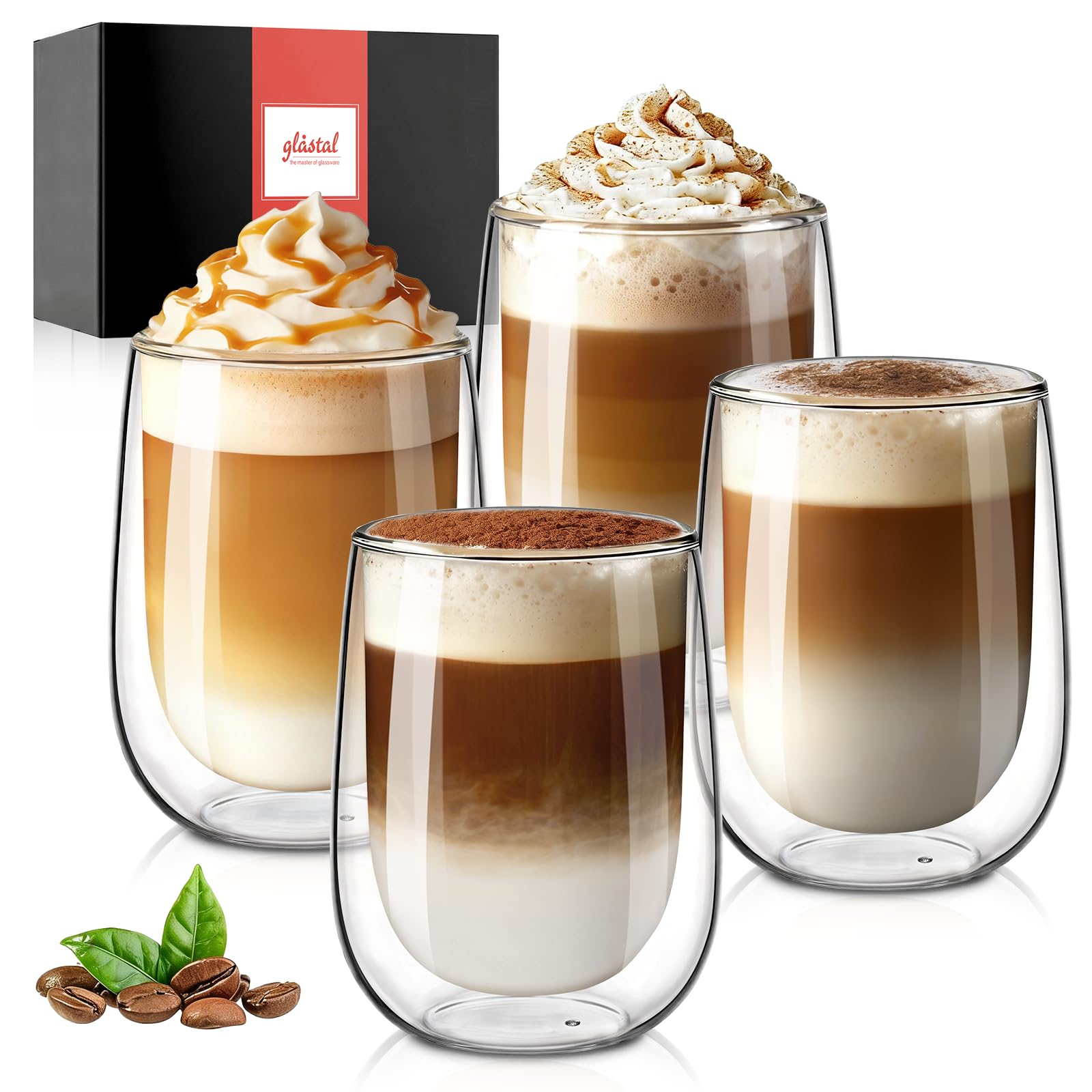 glastal 350 ml Double-Walled Latte Macchiato Glasses, Set of 4, Borosilicate Glass, Coffee Cups, Glasses for Coffee, Cappuccino, Latte, Tea, Ice Cream, Iced Tea, Iced Americano, Milk, Juice, Beer