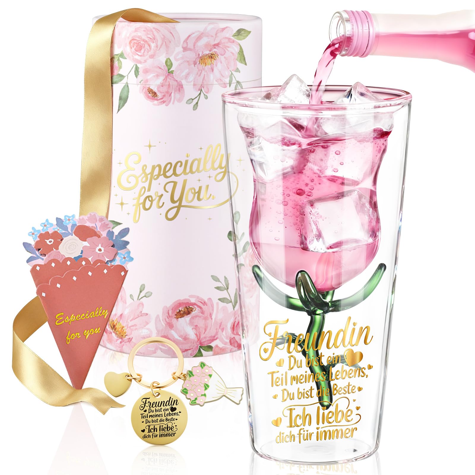glastal Cocktailgläser Geschenke für Freundin Frauen Geschenkbox mit Schlüsselanhänger Grußkarte, 200ml Doppelwandige Martini Gläser Weinglas Geschenke für Beste Freundin zum Geburtstag Weihnachten
