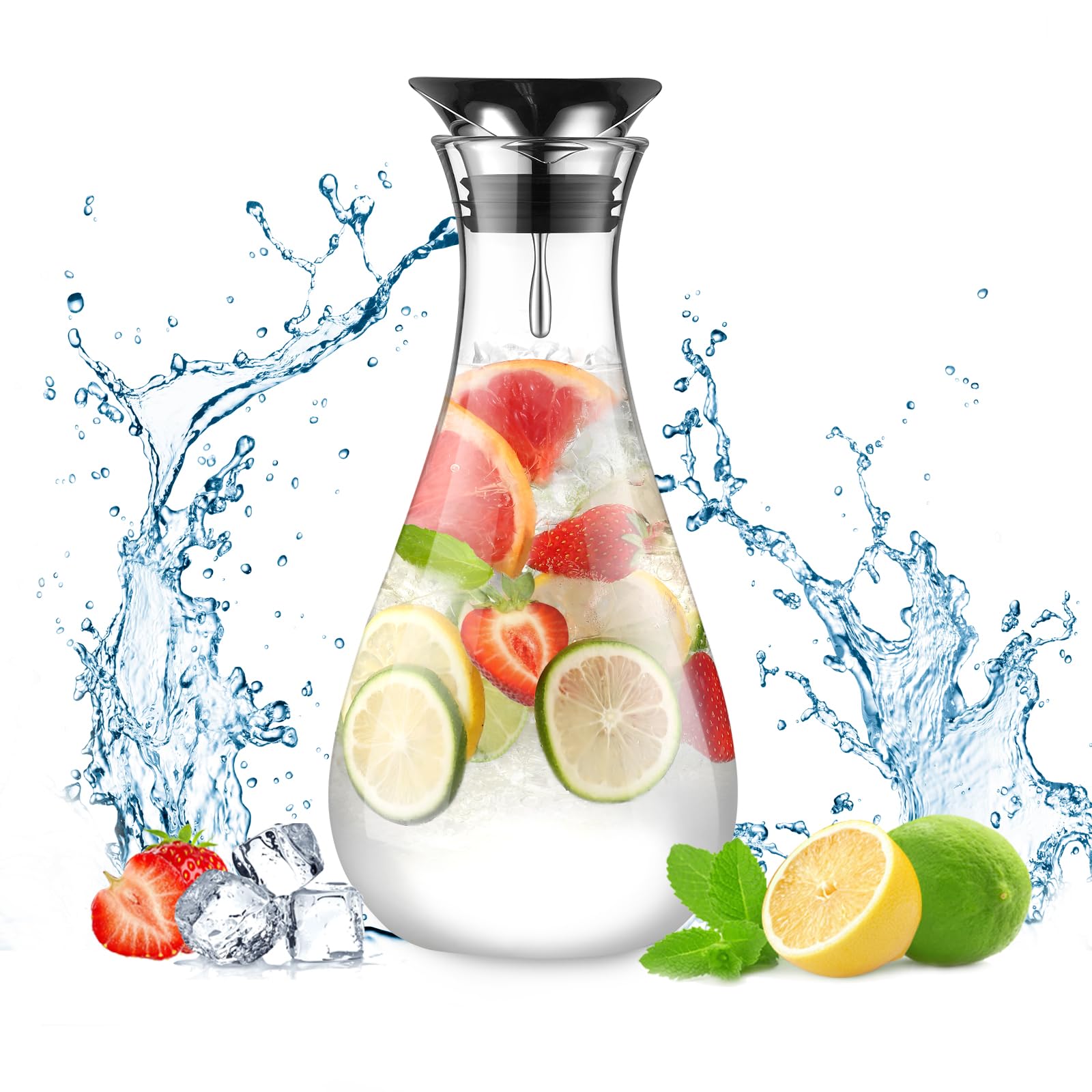 ecooe Glass Carafe 1.8 L Water Carafe Carafe Glass with Stainless Steel Lid, Glass Jug Water Jug Juice Jug Drinks Jug Glass Jug for Hot Cold Water Homemade Drinks Iced Tea Juice Milk Tea Coffee