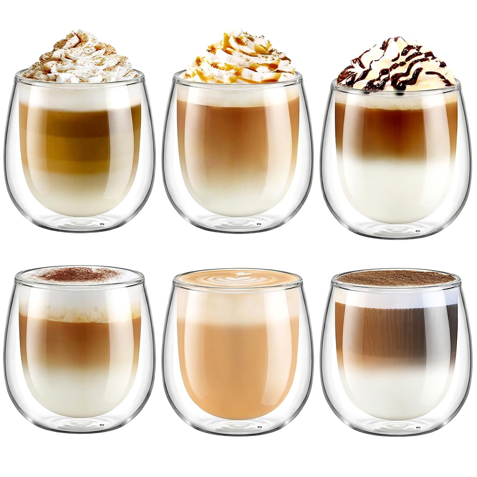 glastal 250 ml Double-Walled Latte Macchiato Glasses, Set of 6, Borosilicate Glass, Coffee Cups, Glasses for Coffee, Cappuccino, Latte, Tea, Ice Cream, Iced Tea, Iced Americano, Milk, Juice, Beer