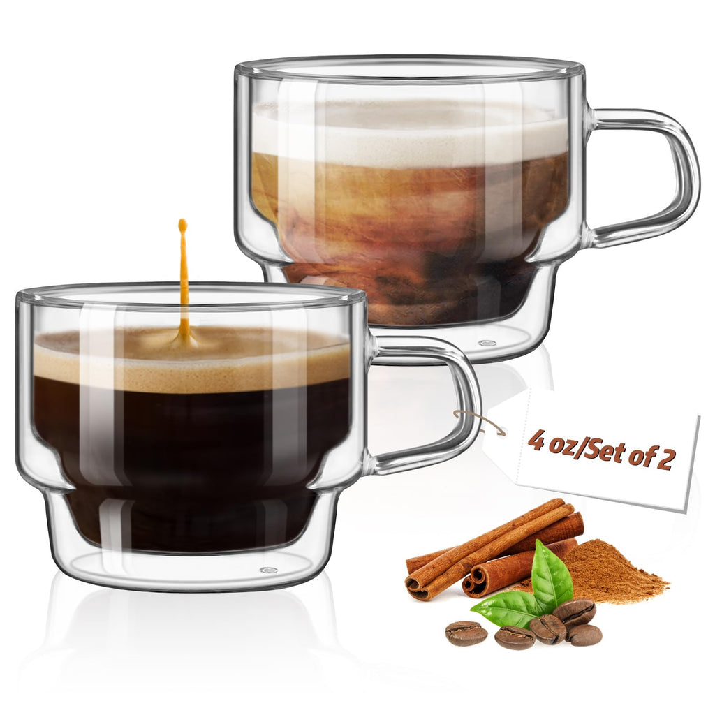 glastal Stapelbare Gläser 120ml Espresso Gläser Doppelwandige Espressotassen Glas 2er Set, Doppelwandig Kaffeegläser Teegläser Espresso Tassen Set für Tee, Milch, Geschenk für Frauen Mann