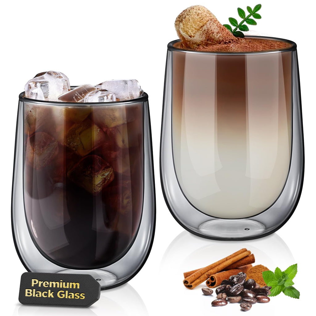 glastal Unique Black Glasses, 350 ml Double-Walled Coffee Glasses, Latte Macchiato Glasses, Set of 2, Glasses for Coffee, Tea, Cappuccino, Milk, Gift for Men and Women, 2024 Novelty