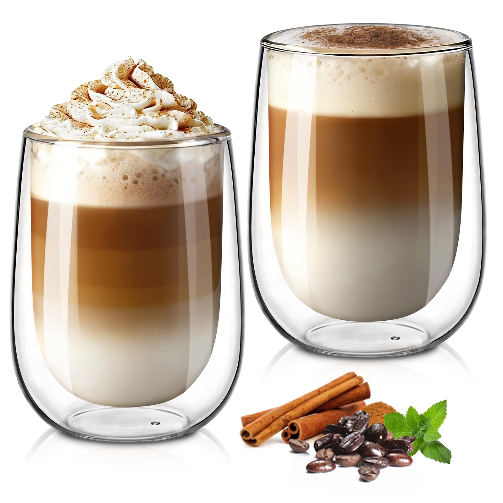 glastal 350 ml Double-Walled Latte Macchiato Glasses, Set of 2, Borosilicate Glass, Coffee Cups, Glasses for Coffee, Cappuccino, Latte, Tea, Ice Cream, Iced Tea, Iced Americano, Milk, Juice, Beer