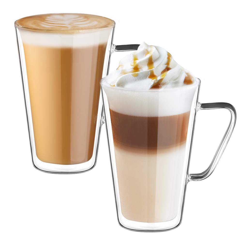 ecooe Double-Walled Latte Macchiato Glasses Set Borosilicate Glass Coffee Cups Glass Set of 2 450 ml Coffee Glass Tea Glasses with Handle for Cappuccino, Latte Macchiato, Tea, Ice Cream, Milk, Beer