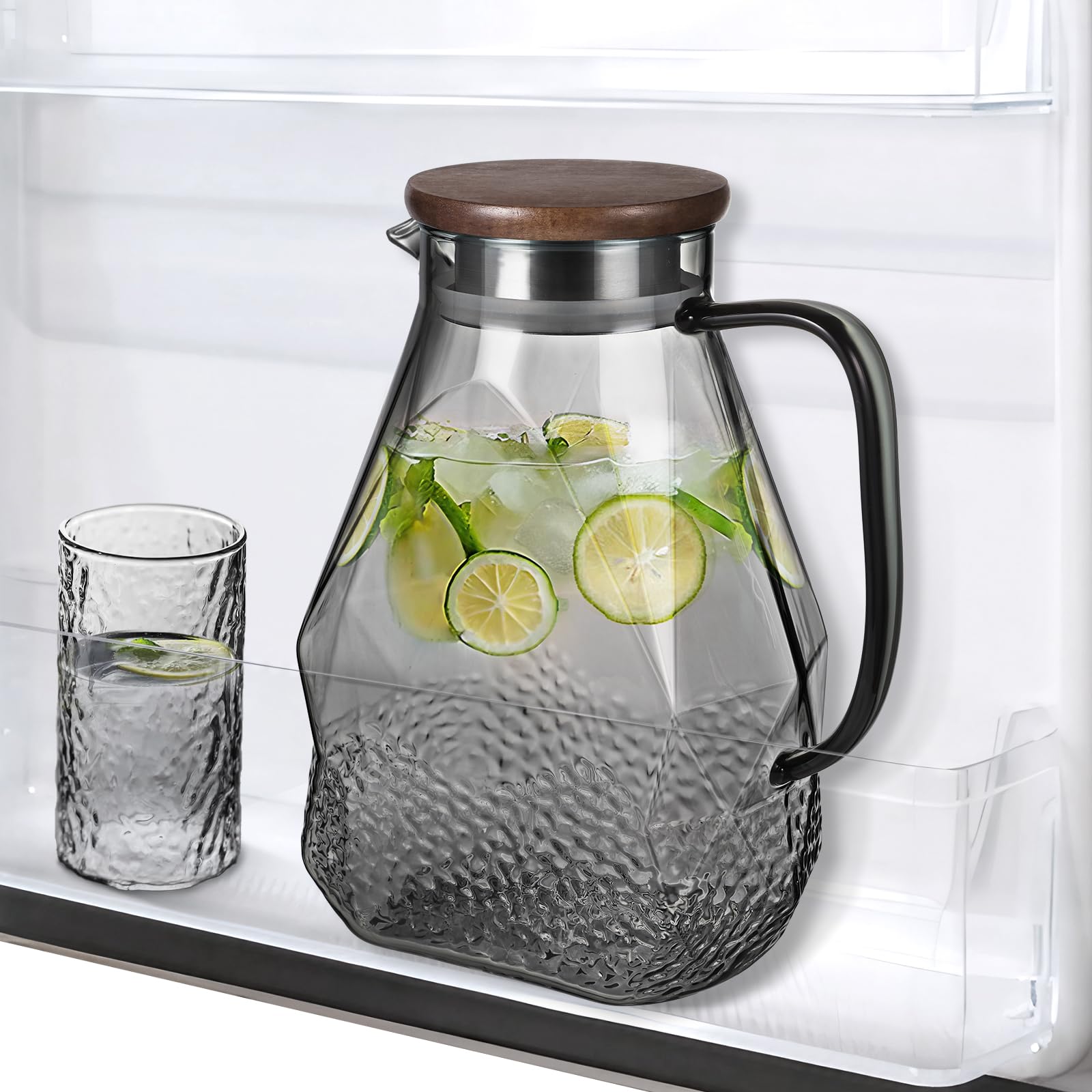 ecooe Glass Carafe 1.8 L Water Carafe for Fridge Door, Carafe Glass with Lid, Black Fridge Jug Water Jug Glass Jug for Hot/Cold Water, DIY Drinks, Iced Tea, Juice, Milk, Tea, Coffee