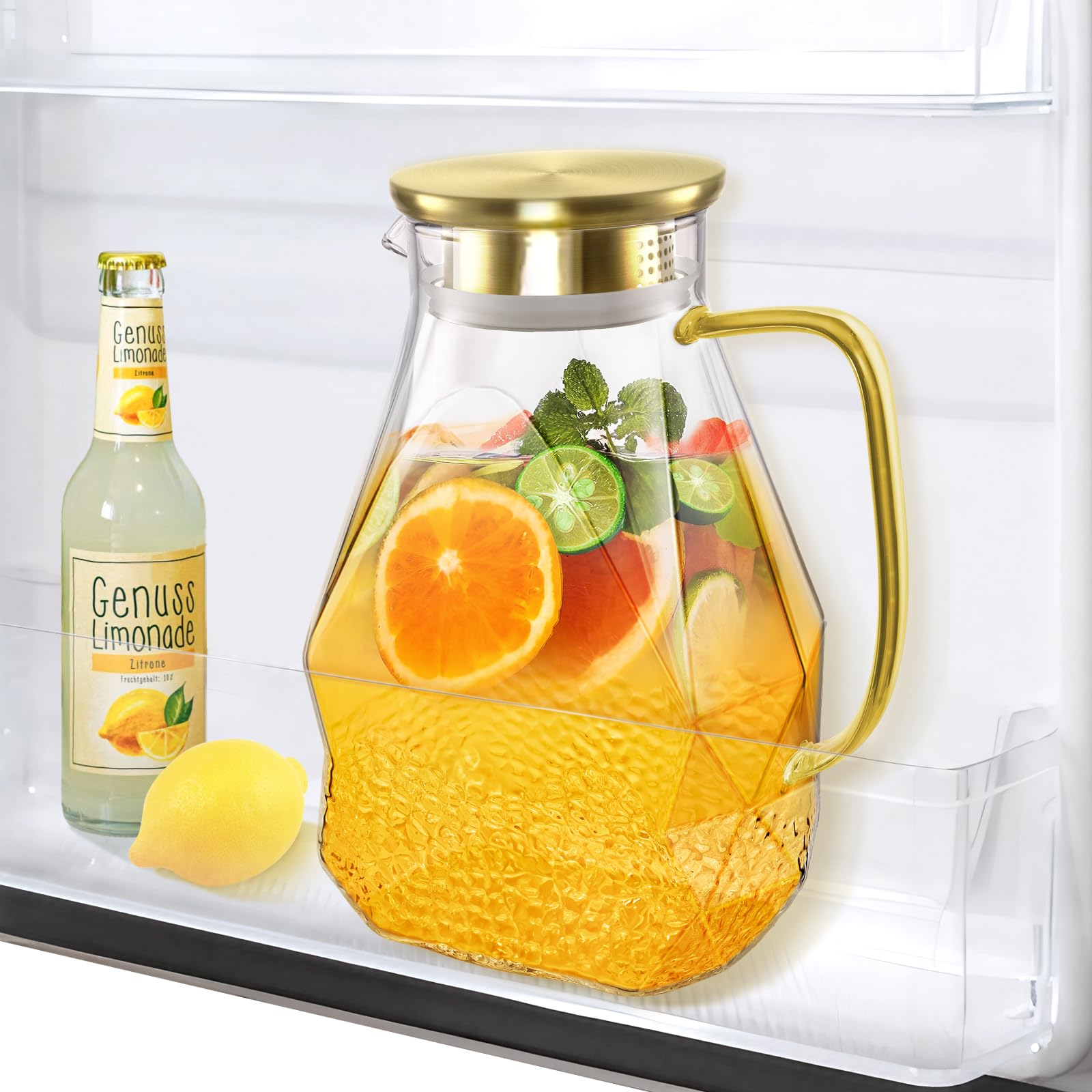 ecooe Glass Carafe 1.8 L Water Carafe for Fridge Door, Carafe Glass with Stainless Steel Lid, Fridge Jug Water Jug Glass Jug for Hot/Cold Water, DIY Drinks, Iced Tea, Juice, Milk, Tea, Coffee