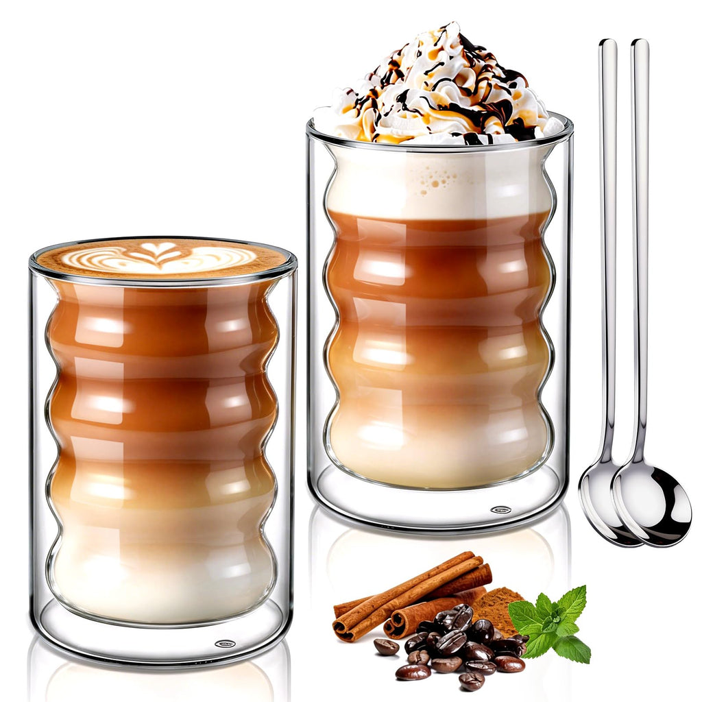 ecooe Double-walled coffee glasses, 350 ml, latte macchiato glasses, set of 2, borosilicate glass, coffee cups, glass, double-walled coffee glass, tea glasses for cappuccino, tea, ice cream, milk, beer