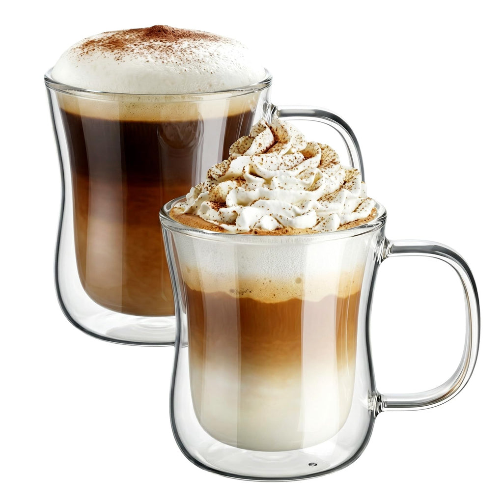 Ecooe Double Wall Cappuccino Latte Macchiato Glasses Cups with Handle Coffee Tea Milk Juice Glass Cups 350ml/12oz Set of 2