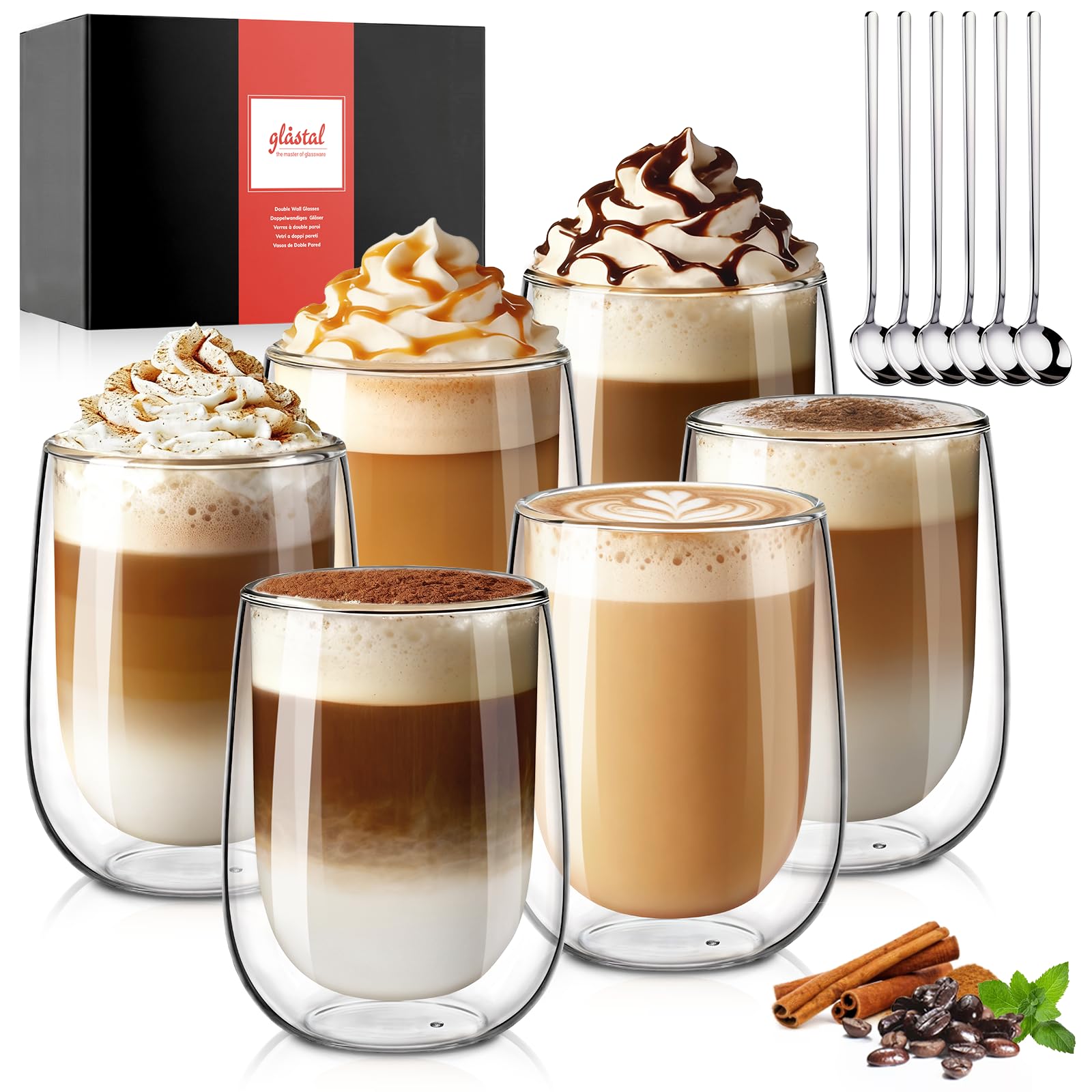 glastal 350 ml Double-Walled Latte Macchiato Glasses, Set of 4, Borosilicate Glass, Coffee Cups, Glasses for Coffee, Cappuccino, Latte, Tea, Ice Cream, Iced Tea, Iced Americano, Milk, Juice, Beer