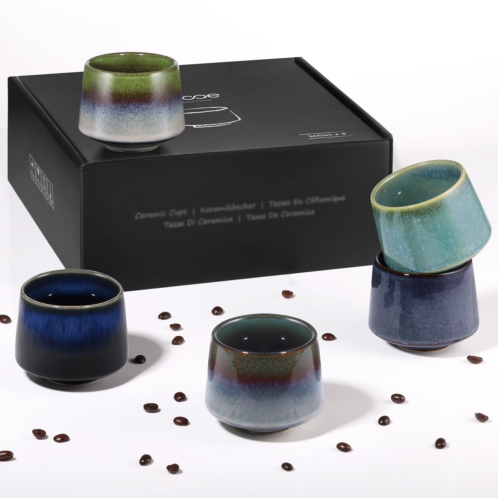 ecooe Cappuccino Cups Set Thick-Walled Stoneware Set of 5 - 210 ml Handmade Porcelain Coffee Cups Set, Ceramic Tea Cups Set Gifts for Men Best Friend Partner, Christmas Gifts