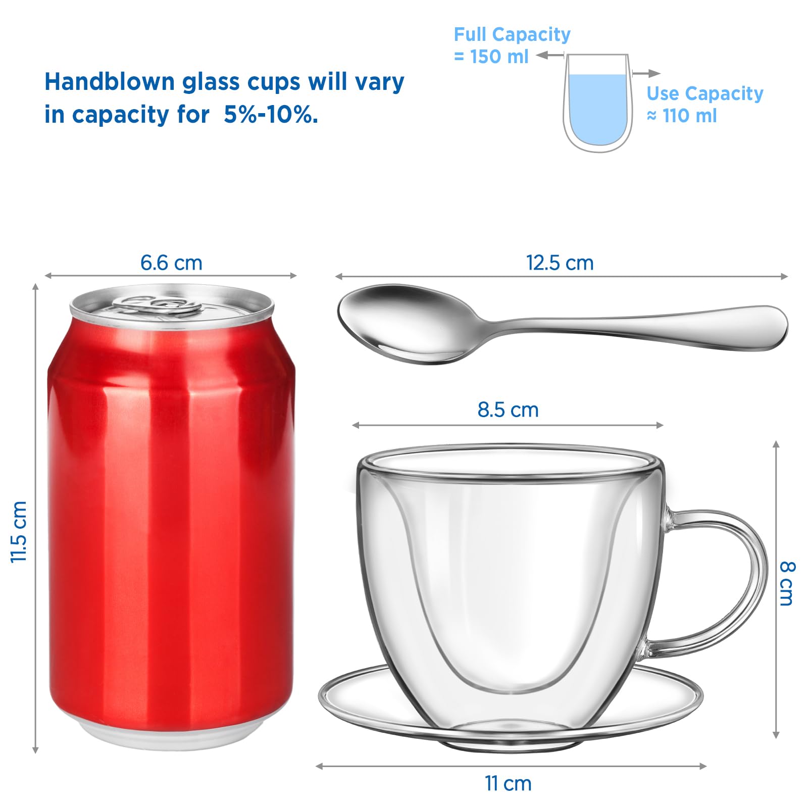 glastal 150ml Doppelwandige Espressotassen 2er Set Kaffeegläser Teegläser mit Henkel und Untertasse, Herz Tasse für Milch Saft, Geschenk für Frauen Freund/in Paare zu Geburtstag Hochzeit Valentinstag