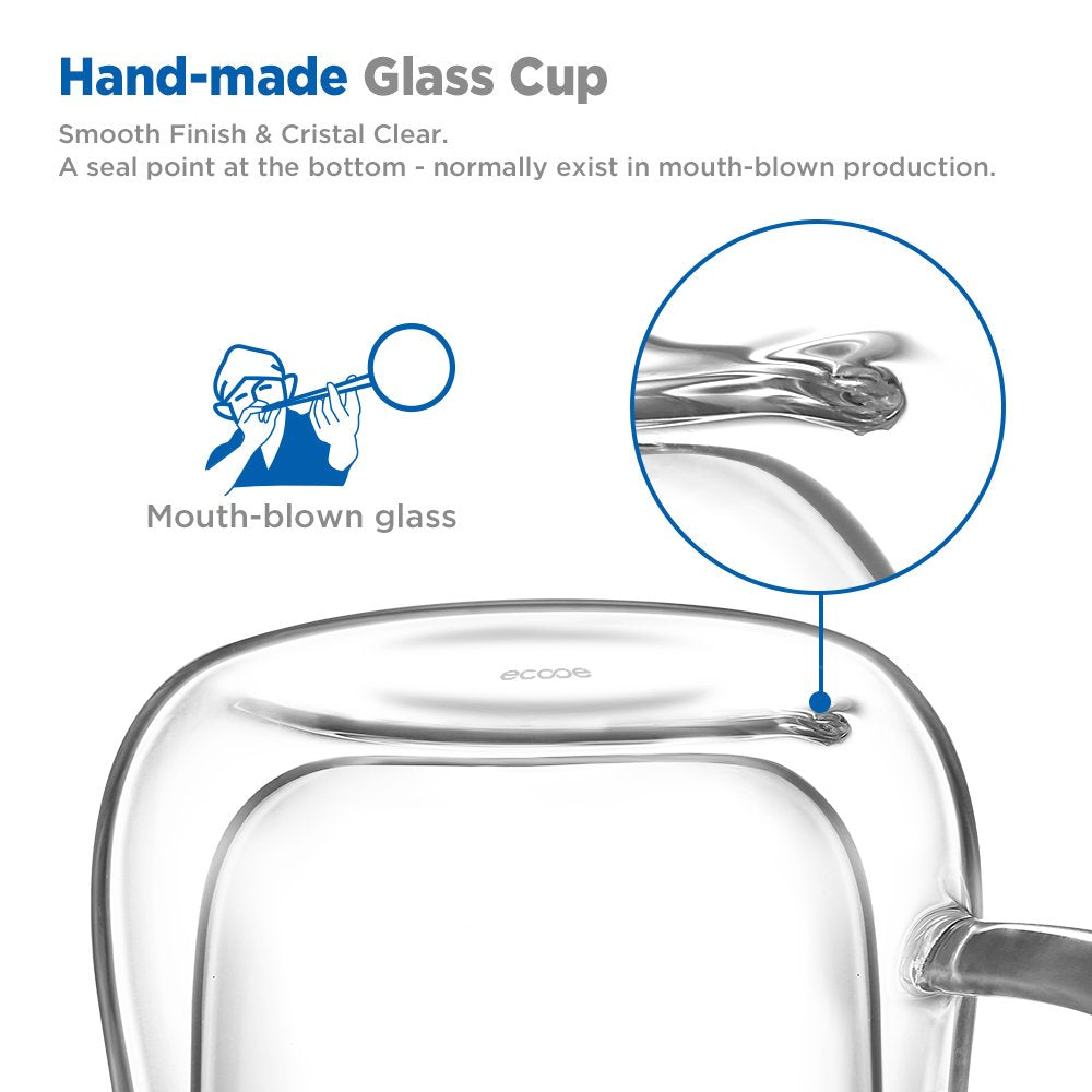 ecooe Double-Walled Latte Macchiato Glasses Set, Borosilicate Glass Coffee Cups, Set of 6, 350 ml, Tea Glasses with Handle for Cappuccino, Latte Macchiato, Tea, Ice Cream, Milk, Beer