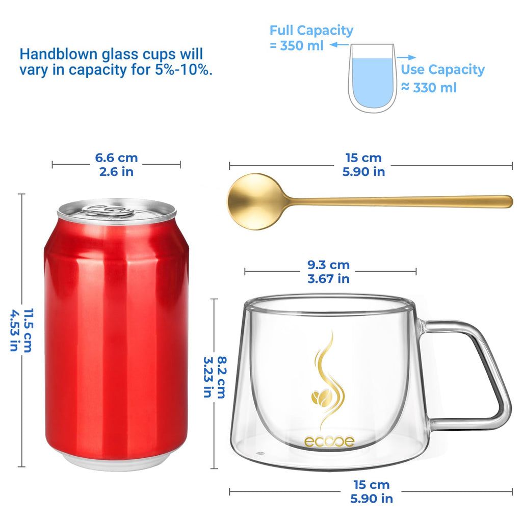 ecooe Double-Walled Coffee Glasses 350 ml Latte Macchiato Glasses Set of 2 Borosilicate Glass Coffee Cups Glass Double-Walled Coffee Glass Tea Glasses with Handle Spoon for Cappuccino, Tea, Ice Cream, Milk, Beer