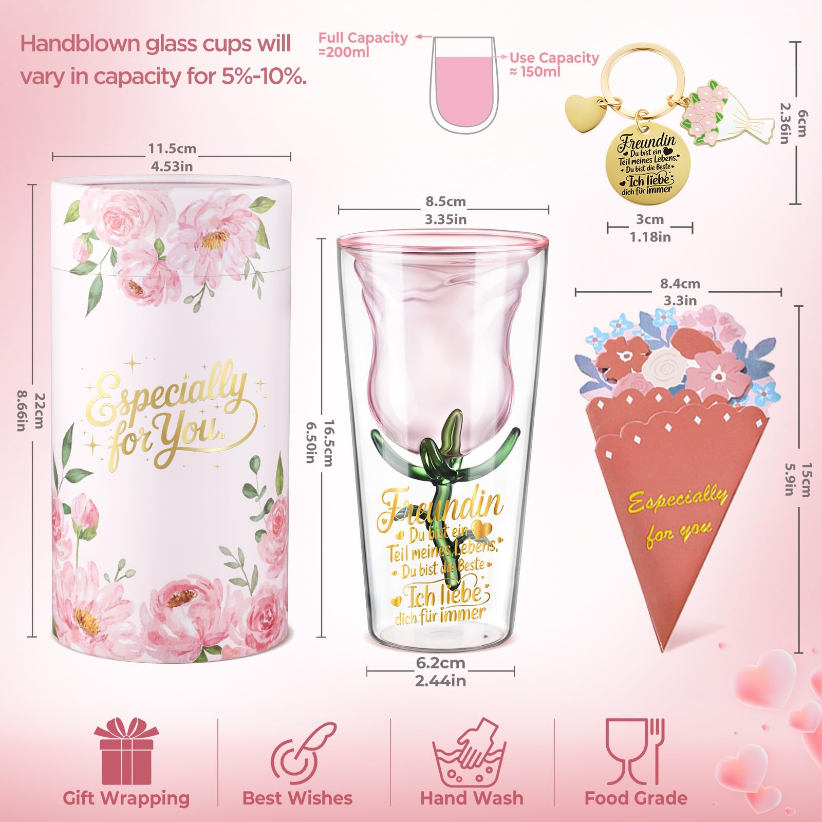 glastal Cocktailgläser Geschenke für Freundin Frauen Geschenkbox mit Schlüsselanhänger Grußkarte, 200ml Doppelwandige Martini Gläser Weinglas Geschenke für Beste Freundin zum Geburtstag Weihnachten
