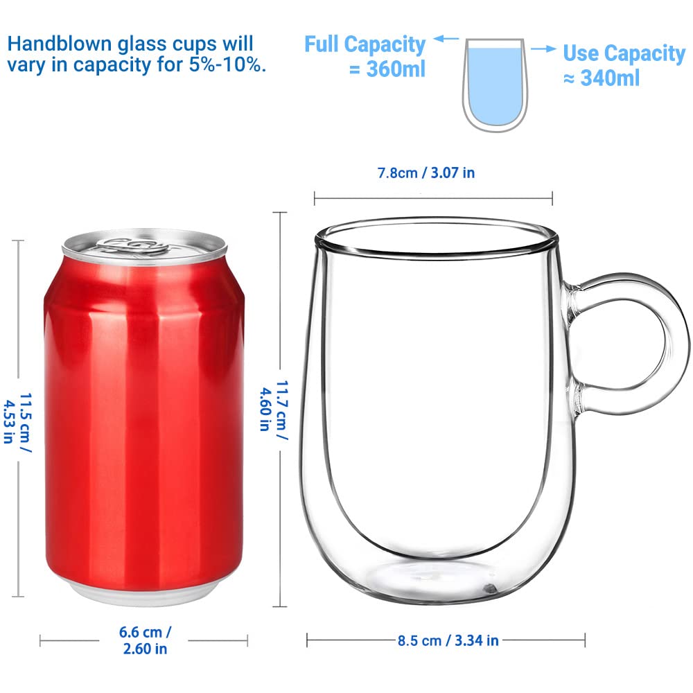 glastal 350 ml x 2 Double-Walled Cappuccino Cups Latte Macchiato Glasses Coffee Glasses Tea Glasses with Handle Borosilicate Glass Coffee Cups Glass Set Double Wall Glasses Coffee Mug Christmas Gifts