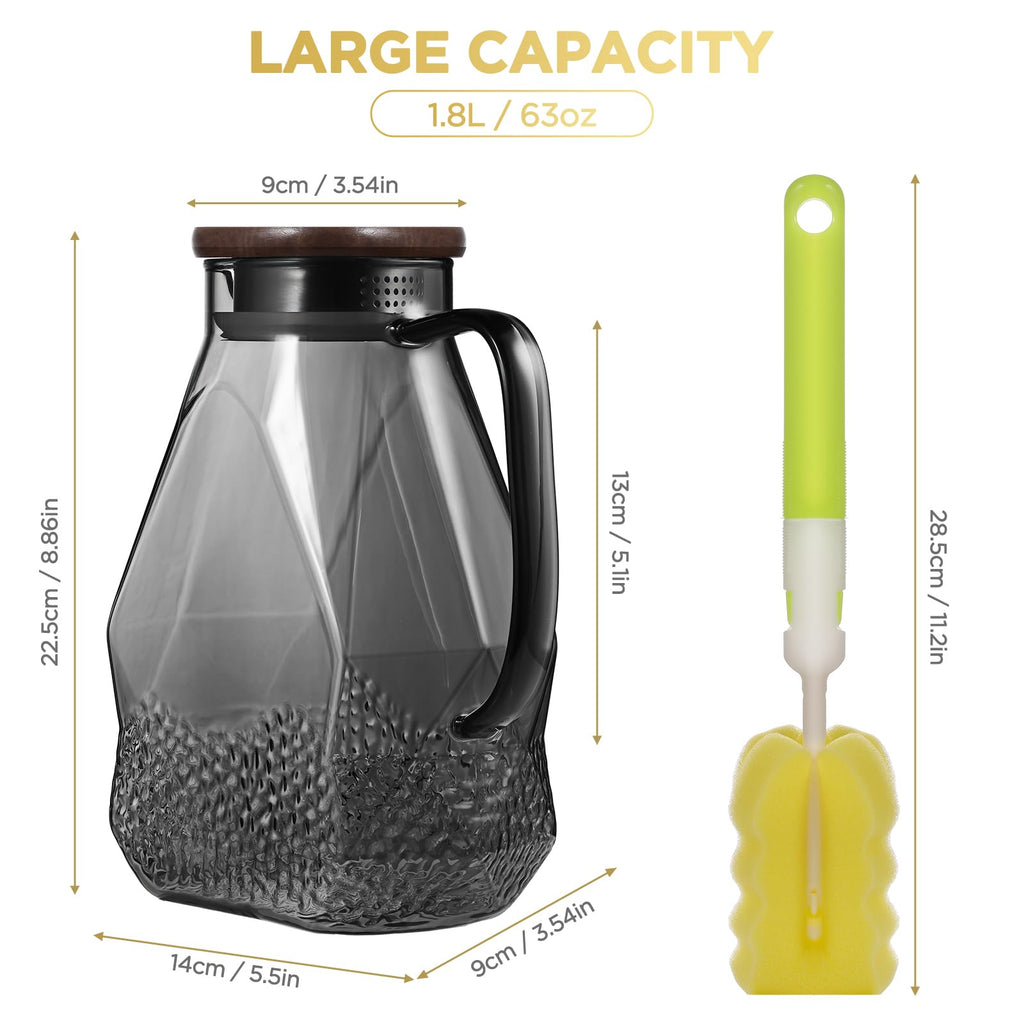 ecooe Glass Carafe 1.8 L Water Carafe for Fridge Door, Carafe Glass with Lid, Black Fridge Jug Water Jug Glass Jug for Hot/Cold Water, DIY Drinks, Iced Tea, Juice, Milk, Tea, Coffee