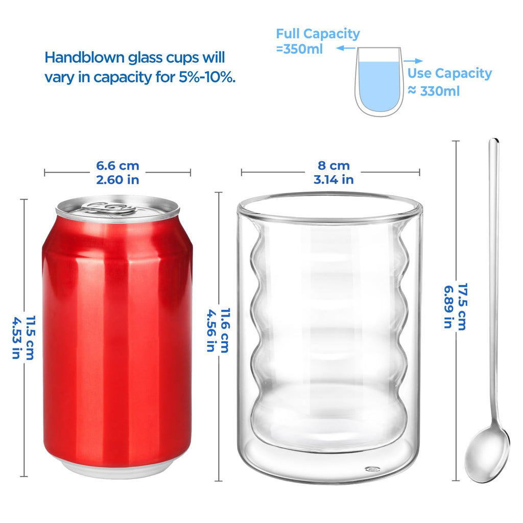 ecooe Double-walled coffee glasses, 350 ml, latte macchiato glasses, set of 2, borosilicate glass, coffee cups, glass, double-walled coffee glass, tea glasses for cappuccino, tea, ice cream, milk, beer