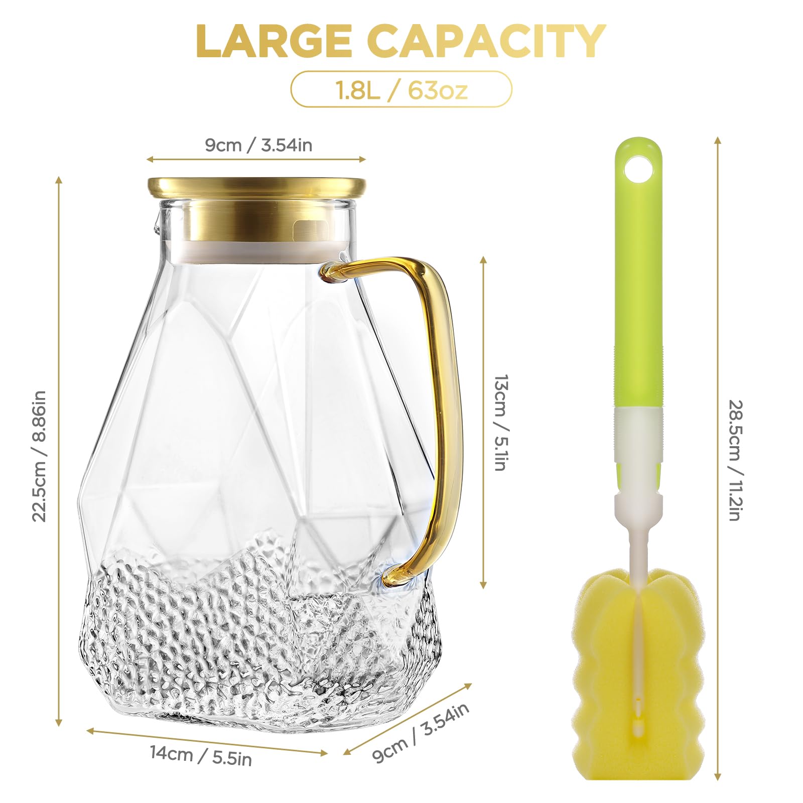 ecooe Glass Carafe 1.8 L Water Carafe for Fridge Door, Carafe Glass with Stainless Steel Lid, Fridge Jug Water Jug Glass Jug for Hot/Cold Water, DIY Drinks, Iced Tea, Juice, Milk, Tea, Coffee