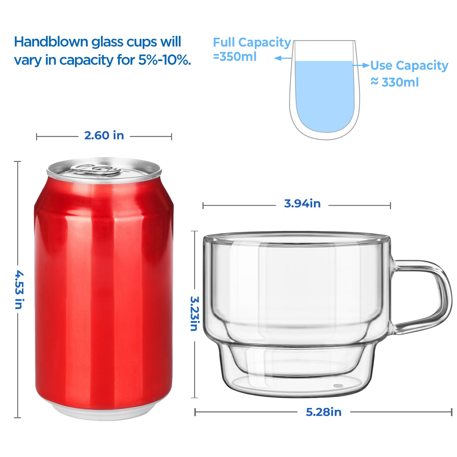 glastal 350ml Latte Macchiato Gläser Doppelwandige Kaffeegläser 2er Set Stapelbare Kaffeetassen Glas, Doppelwandig Kaffeeglas Teegläser mit Henkel für Cappuccino,Tee, Milch,Geschenk für Frauen Männer