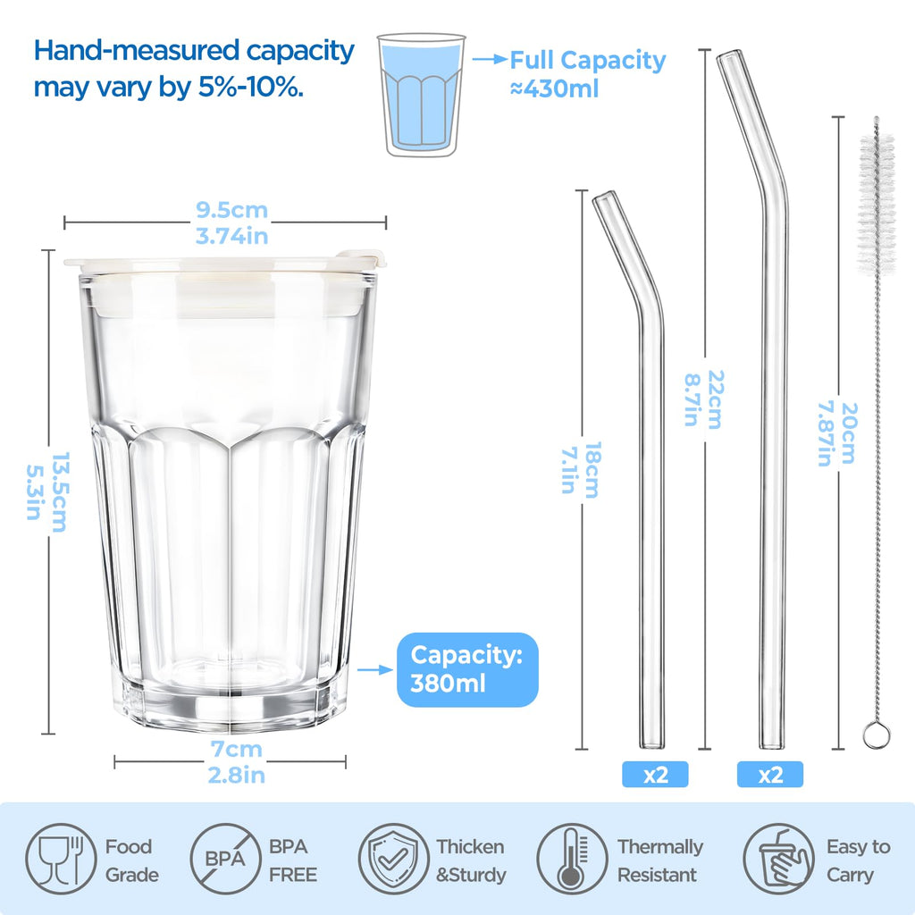 ecooe 2 Stück Glasbecher mit Deckel und Strohhalm 400ml Matcha Gläser Smoothie Becher Eiskaffee Glas, Luftdicht Wasserdicht Design Kaffeegläser Trinkgläser für Matcha Latte Saft Milch Tee Cocktail