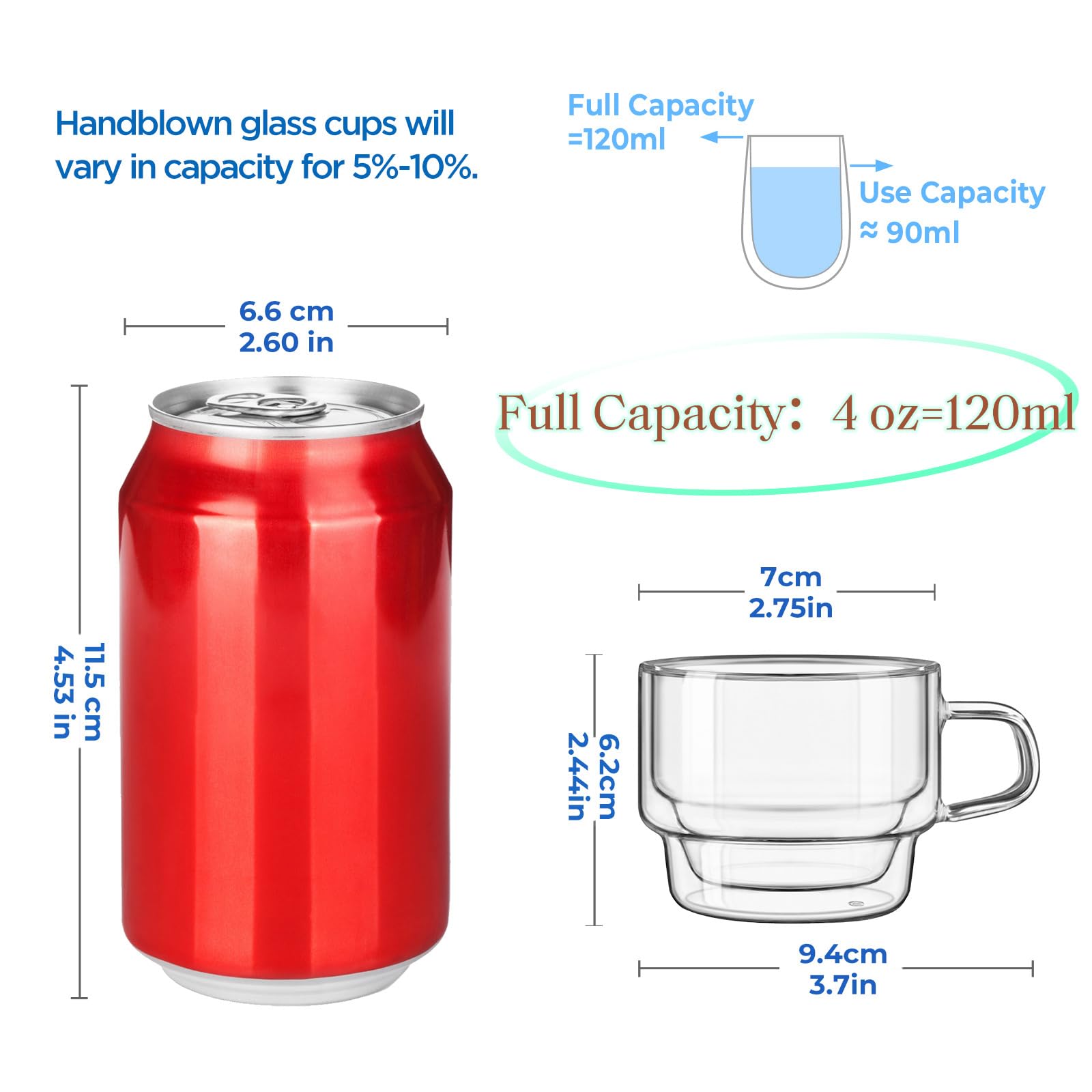 glastal Stapelbare Gläser 120ml Espresso Gläser Doppelwandige Espressotassen Glas 2er Set, Doppelwandig Kaffeegläser Teegläser Espresso Tassen Set für Tee, Milch, Geschenk für Frauen Mann
