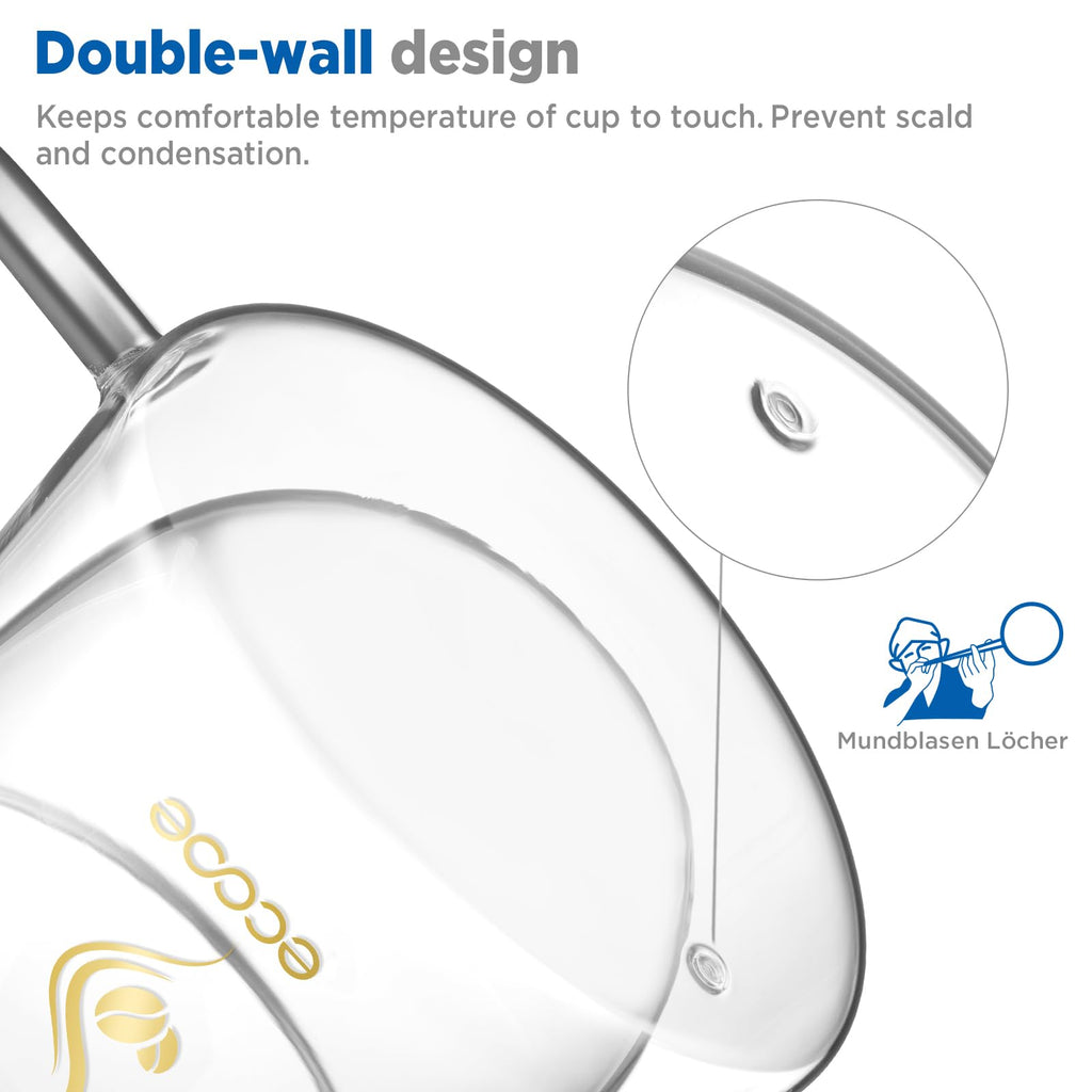 ecooe Double-Walled Coffee Glasses 350 ml Latte Macchiato Glasses Set of 2 Borosilicate Glass Coffee Cups Glass Double-Walled Coffee Glass Tea Glasses with Handle Spoon for Cappuccino, Tea, Ice Cream, Milk, Beer