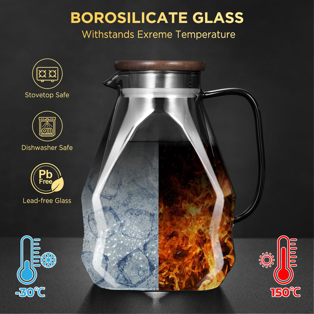 ecooe Glass Carafe 1.8 L Water Carafe for Fridge Door, Carafe Glass with Lid, Black Fridge Jug Water Jug Glass Jug for Hot/Cold Water, DIY Drinks, Iced Tea, Juice, Milk, Tea, Coffee