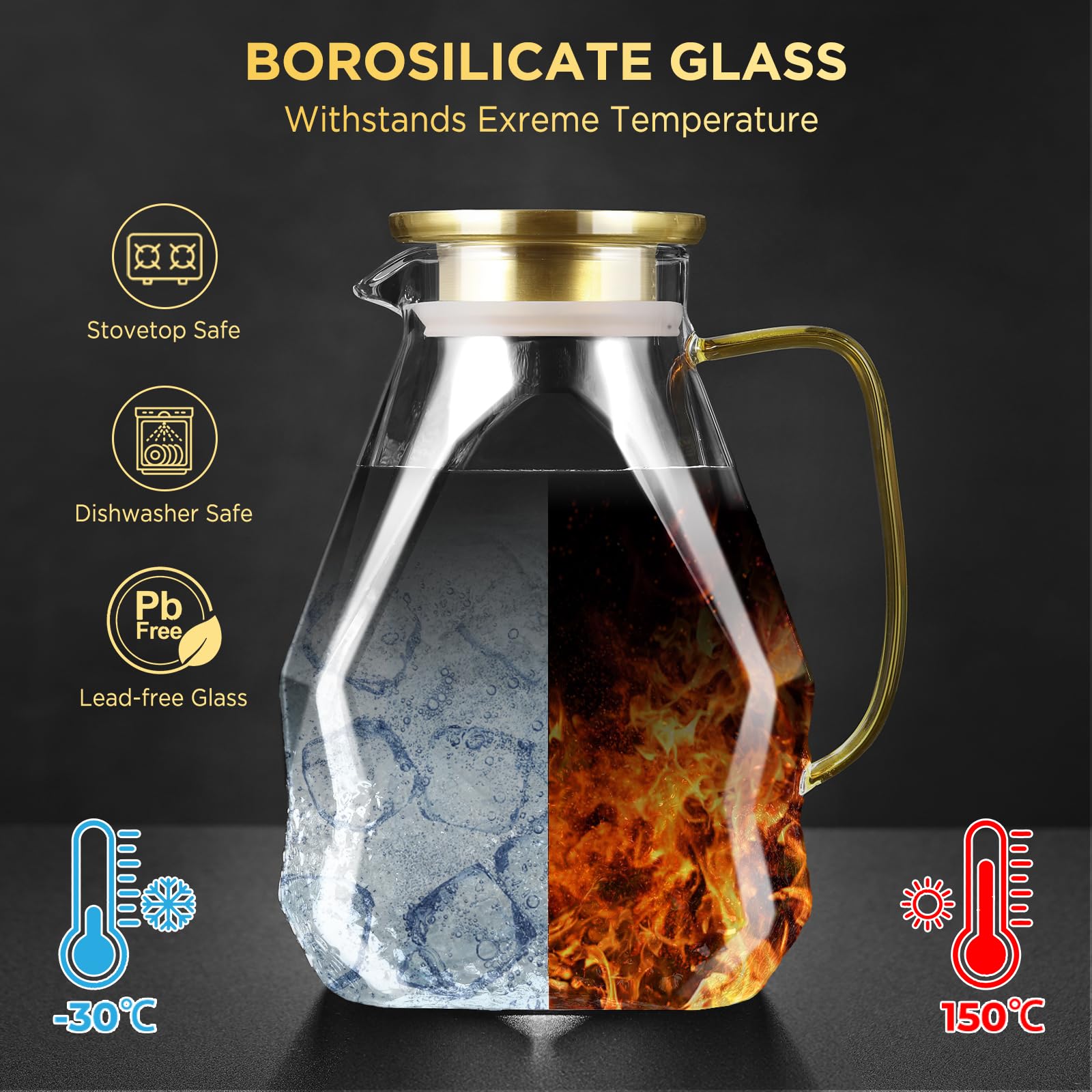 ecooe Glass Carafe 1.8 L Water Carafe for Fridge Door, Carafe Glass with Stainless Steel Lid, Fridge Jug Water Jug Glass Jug for Hot/Cold Water, DIY Drinks, Iced Tea, Juice, Milk, Tea, Coffee