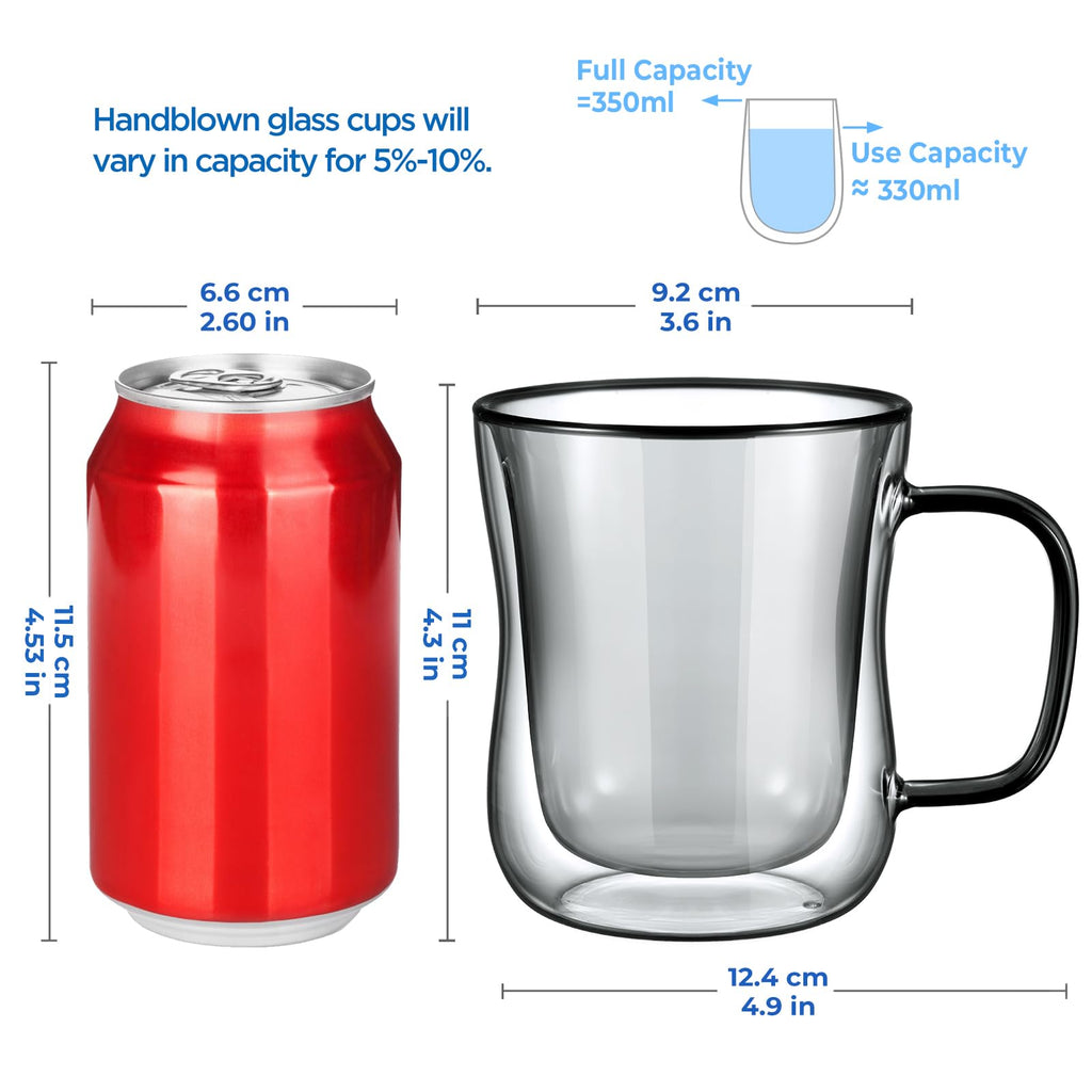 ecooe Unique Black Glasses 350 ml Double-Walled Coffee Glasses Latte Macchiato Glasses Set of 2 Double-Walled Coffee Glass Tea Glasses with Handle for Cappuccino, Gift for Men Women