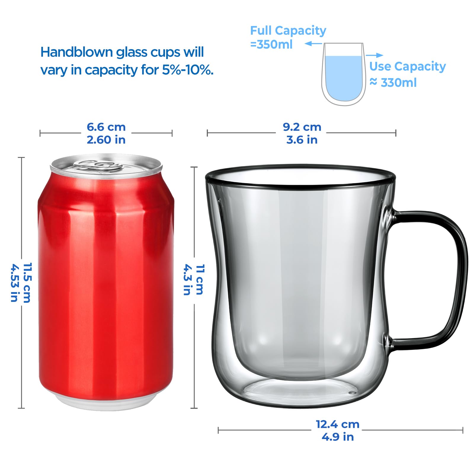 ecooe Unique Black Glasses 350 ml Double-Walled Coffee Glasses Latte Macchiato Glasses Set of 2 Double-Walled Coffee Glass Tea Glasses with Handle for Cappuccino, Gift for Men Women