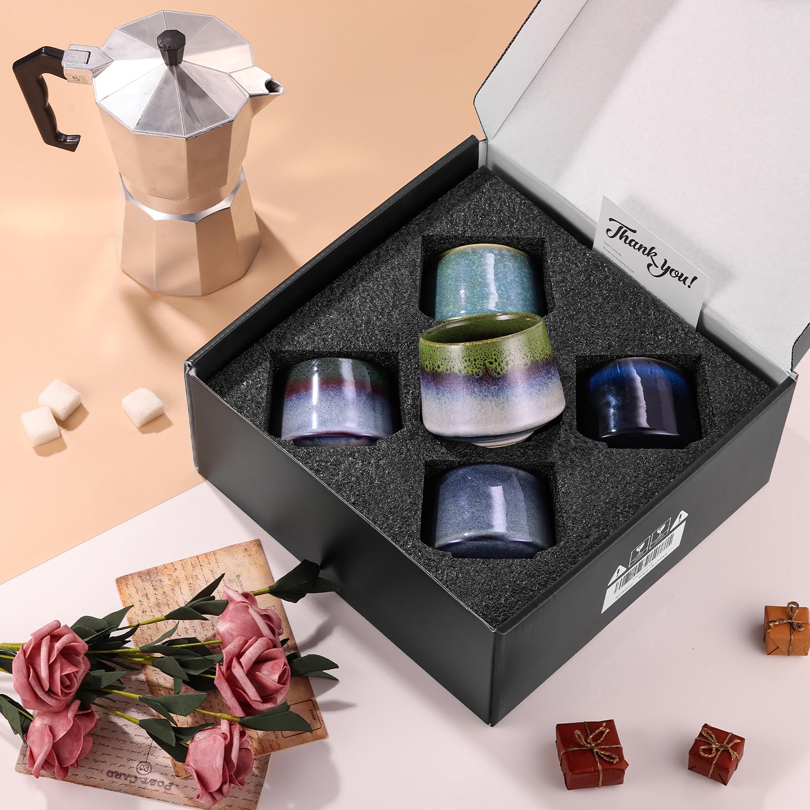 ecooe Cappuccino Cups Set Thick-Walled Stoneware Set of 5 - 210 ml Handmade Porcelain Coffee Cups Set, Ceramic Tea Cups Set Gifts for Men Best Friend Partner, Christmas Gifts