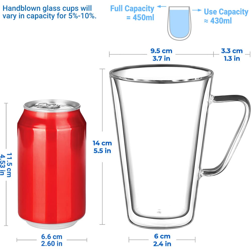 ecooe Double-Walled Latte Macchiato Glasses Set Borosilicate Glass Coffee Cups Glass Set of 2 450 ml Coffee Glass Tea Glasses with Handle for Cappuccino, Latte Macchiato, Tea, Ice Cream, Milk, Beer
