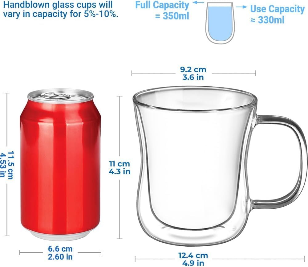 Ecooe Double Wall Cappuccino Latte Macchiato Glasses Cups with Handle Coffee Tea Milk Juice Glass Cups 350ml/12oz Set of 2