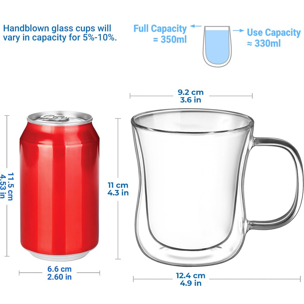 ecooe Double-Walled Latte Macchiato Glasses Set, Borosilicate Glass Coffee Cups, Set of 6, 350 ml, Tea Glasses with Handle for Cappuccino, Latte Macchiato, Tea, Ice Cream, Milk, Beer