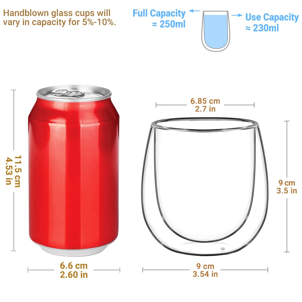 glastal 250 ml Double-Walled Latte Macchiato Glasses, Set of 2, Borosilicate Glass, Coffee Cups, Glasses for Coffee, Cappuccino, Latte, Tea, Ice Cream, Iced Tea, Iced Americano, Milk, Juice, Beer