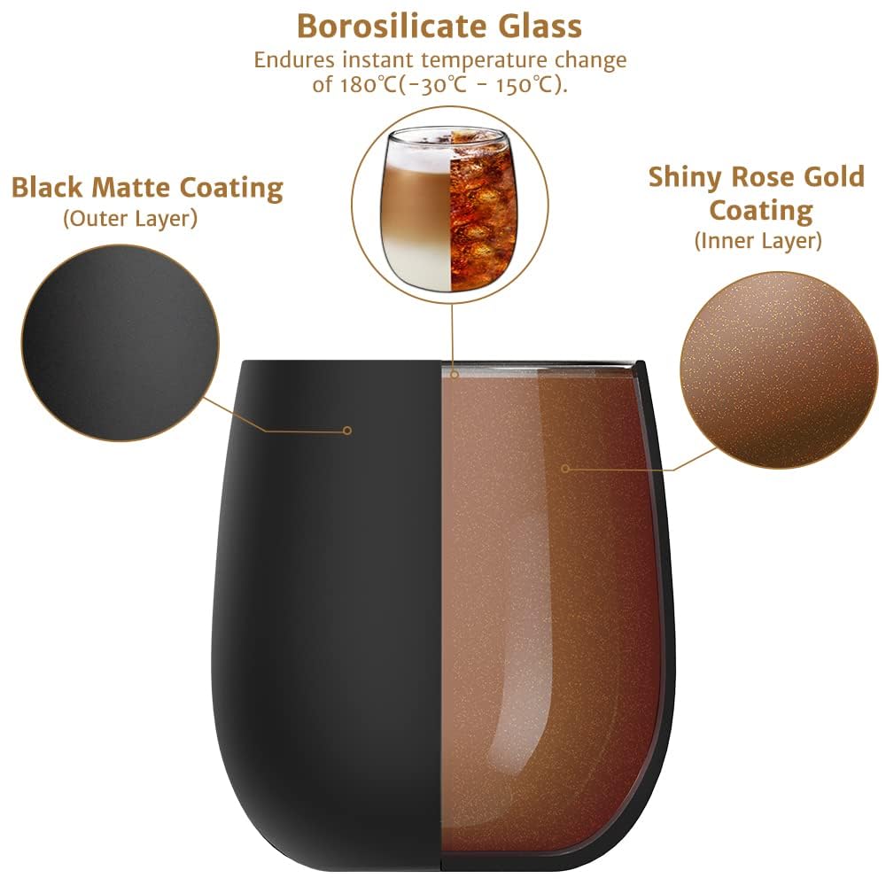 glastal 450ml Gin Gläser Schwarz Matt Trinkgläser 2er Set Wassergläser mit Roségold Blinkende Innenwand, Borosilikat Einschichtiges Weingläser Cocktail Gläser Whiskygläser Weihnachten Geschenk